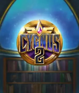 Explore the magical visuals of ELK Studios' Cygnus 2 Slot, featuring a luxurious emblem with a bright design in purple and gold. Set against a starlit library setting, this graphic captures the essence of adventure and mystery. 